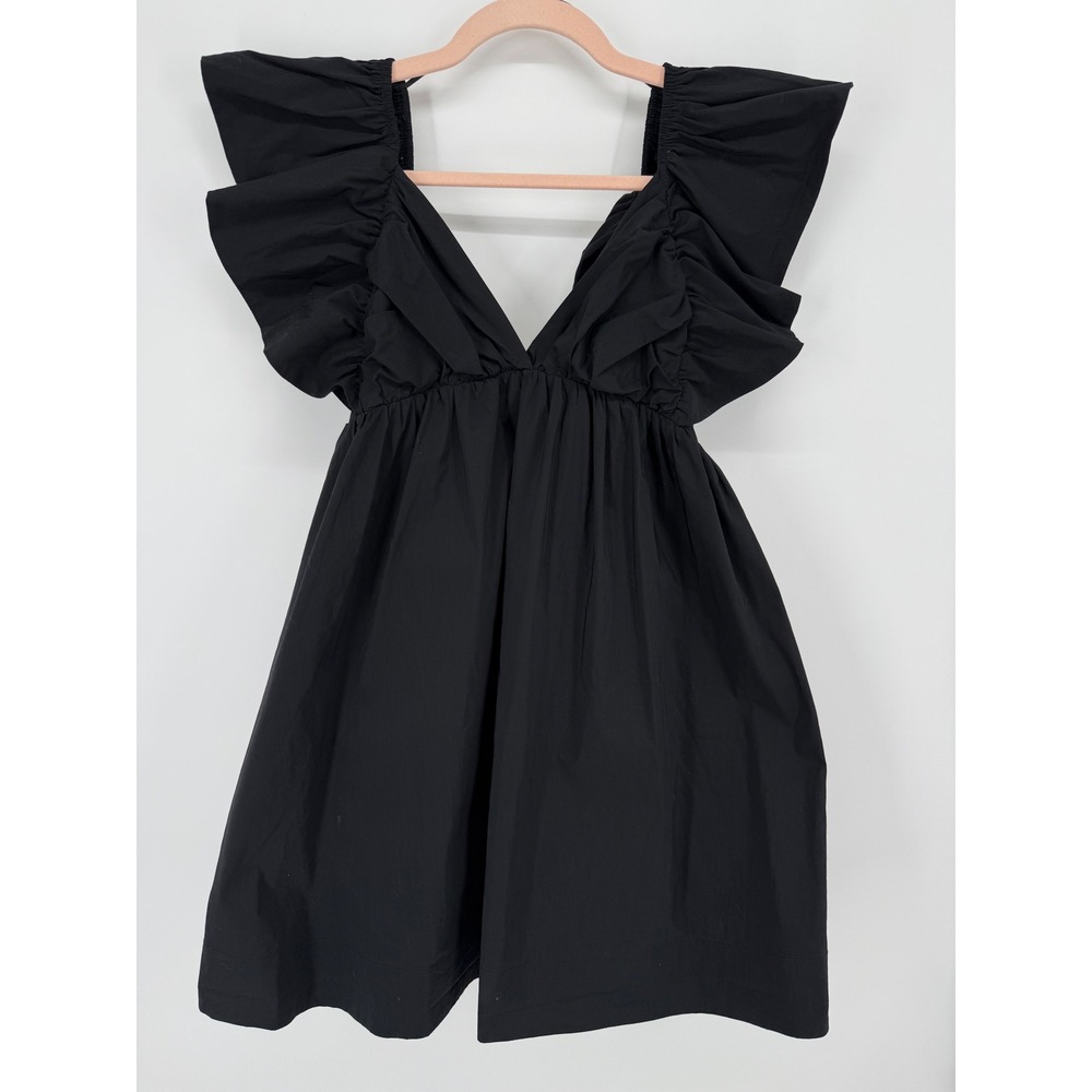 Day + Moon Mini Dress Womens Size S Black Ruffle Flutter Sleeve Open Back Tie